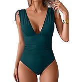 Maevier One Piece Swimsuit for Women Tummy Control Ruched Bathing Suit Sexy High Cut Swimwear V Neck Swim Suit