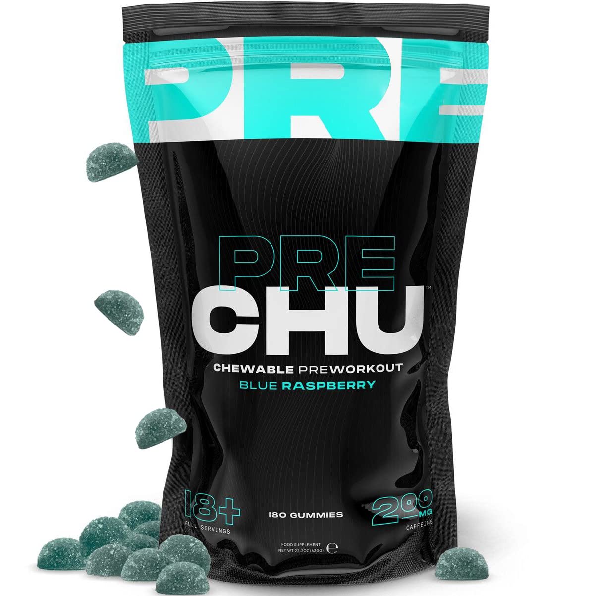 PRECHU Pre Workout Gummies - Beta Alanine, Taurine, Vitamin C, & Zinc Supplements for Energy Release - L Citrulline, Niacin, & Caffeine Gummy Vitamins for Men & Women - 180 Blue Raspberry Gummies