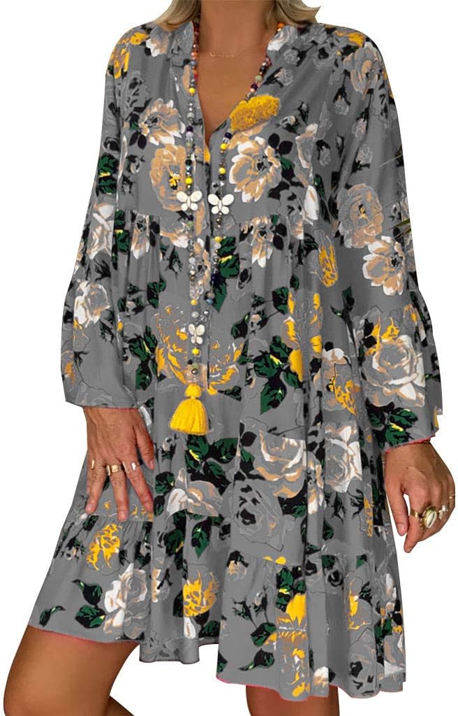 Women's Bohemian Print V-Neck Long Sleeve Dress Summer Loose Beach Mini Short Dresses Casual Floral Sundress