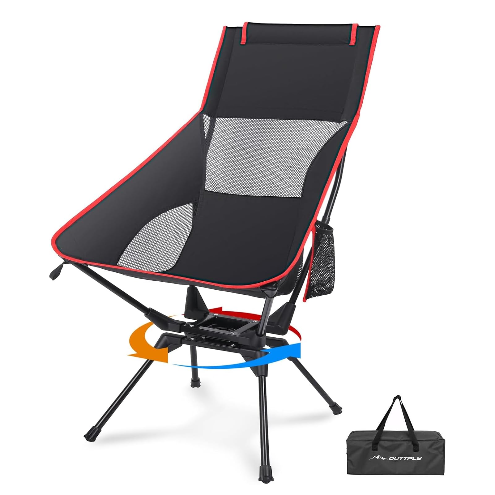 Photo 1 of OUTTPLY Swivel Camping Chair, High Back Folding Chair with Head Support, Side Cup Pocket, Stable Portable Outdoor Chair for Camp, Travel, Beach, Party, Fishing, Hiking, Backpacking, Black Red