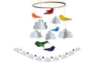 SORREL + FERN Baby Crib Mobile (Rainbow Birds in The Clouds, w/Garland) - Felt Nursery Ceiling Decoration and Baby Shower Gift for Girls & Boys