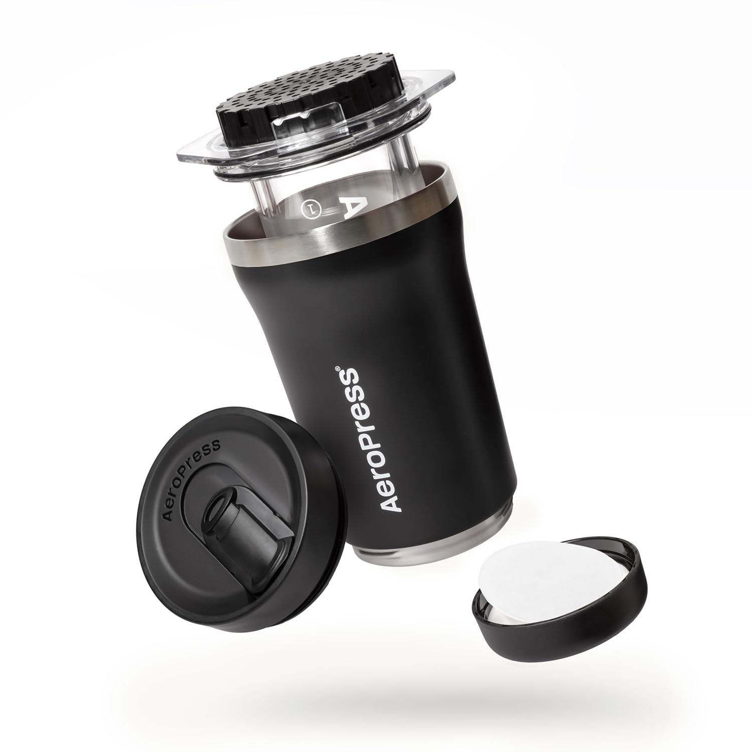 AeroPress Go Plus, pequeño kit de cafetera portátil, viajes, camping y oficina, prensa francesa todo en uno, cafetera manual estilo vertido y espresso, preparación de 2 minutos para menos amargura, más sabor, negro