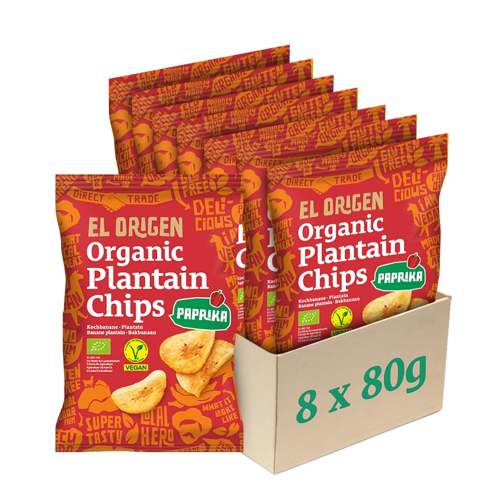el origen Bio‑Kochbananen Chips Paprika 8×80 g - vegan, glutenfrei, palmölfrei, authentischer Paprika‑Crunch aus Ecuador