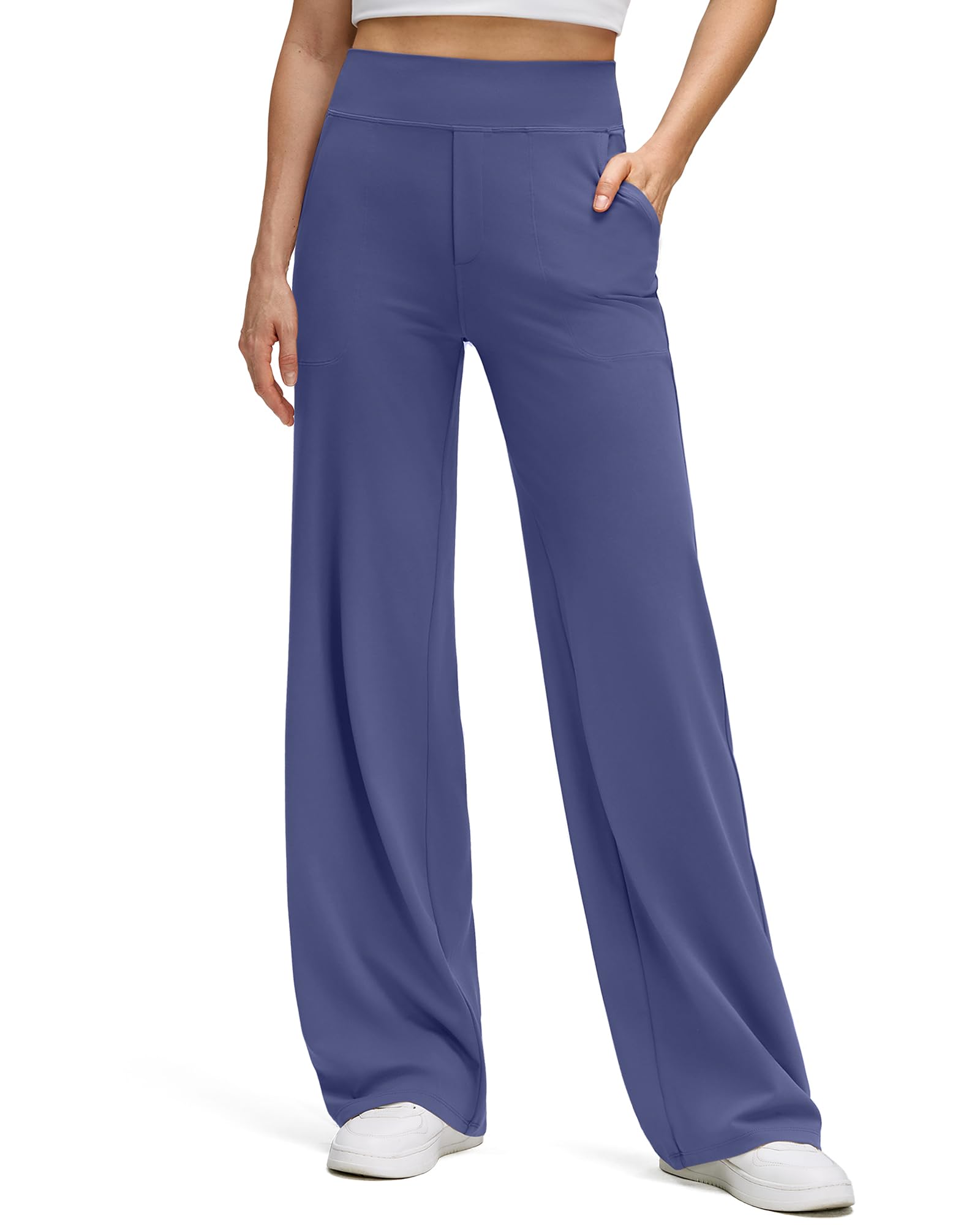 Photo 1 of G4Free Womens Yoga Pants Lightweight Wide Leg Dress Pants Soft Elastic Waistband Casual Work Trousers with Pockets (Dusky Purple,XXL,31")