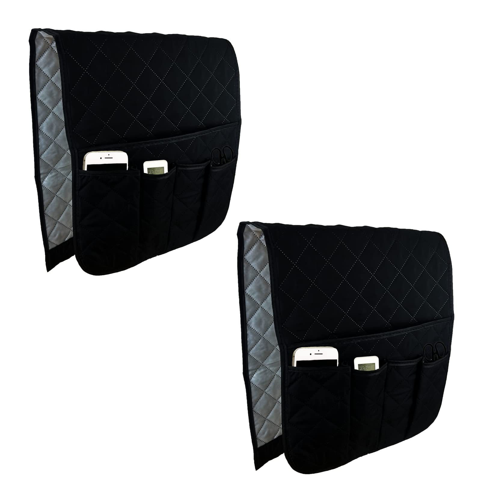 BEISIJIA Sofa Armrest Organiser Hanging Caddy Storage Bag Couch Chair TV Remote Control Holder Armchairs Couch Organiser for Cellphone Book Magazines Glasses Drinker Snacks, Space Saver (Black+Black)
