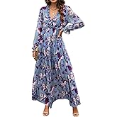 Women's Boho Floral Long Sleeve Maxi Dress, Deep V Neck Empire Waist Flowy Chiffon Dress for Wedding/Vacation/Party