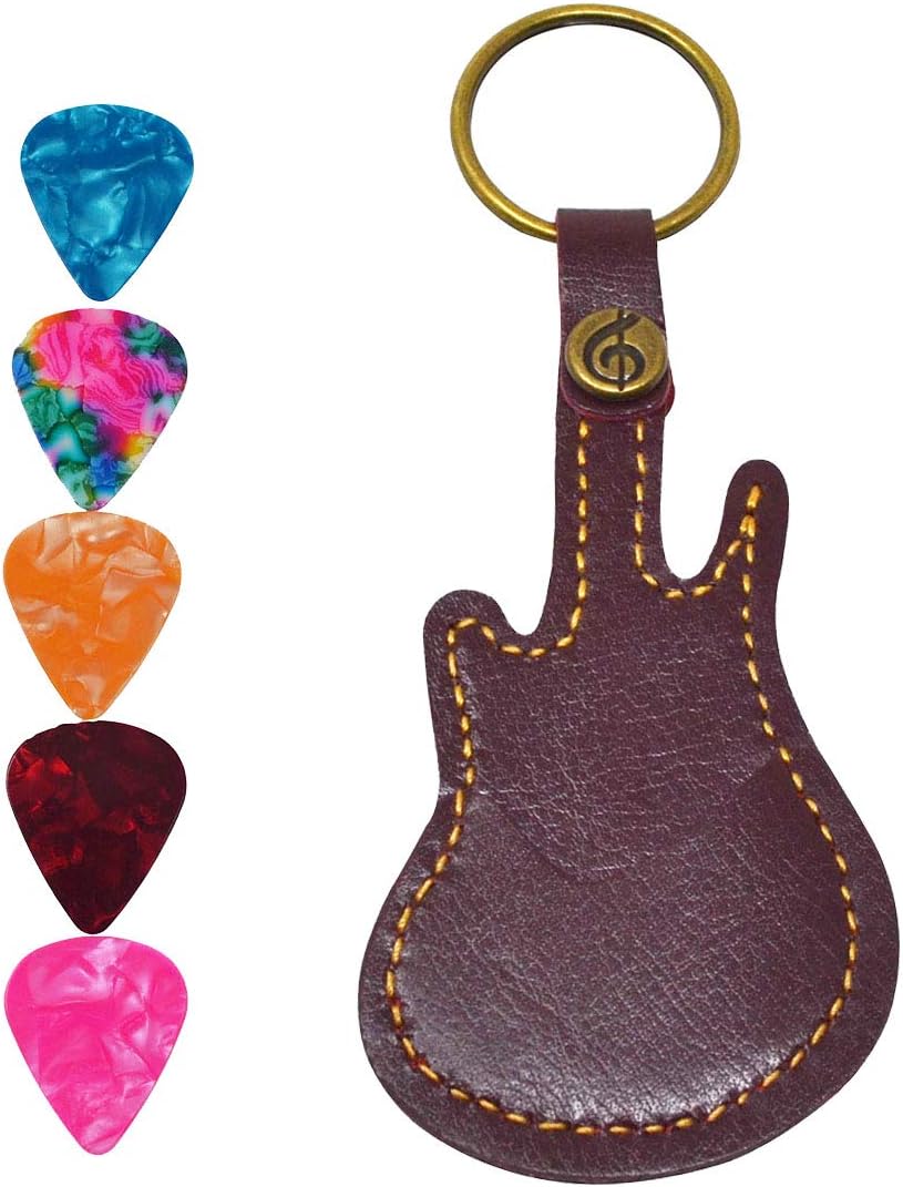 Guitar Pick Holder Leather Keyring Keychain Case for Guitar Pick Bag with 5Pcs Plectrums Gift, Red Pick Bag - Image 3
