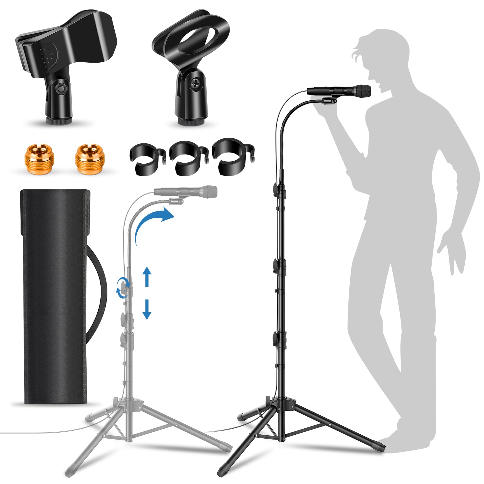 Photo 1 of Mic Stand Detachable Gooseneck Microphone Stand Floor Height Adjustable from 24” to 67” for Kids with 2 Mic Clips for Singing Lecture Stage Wedding