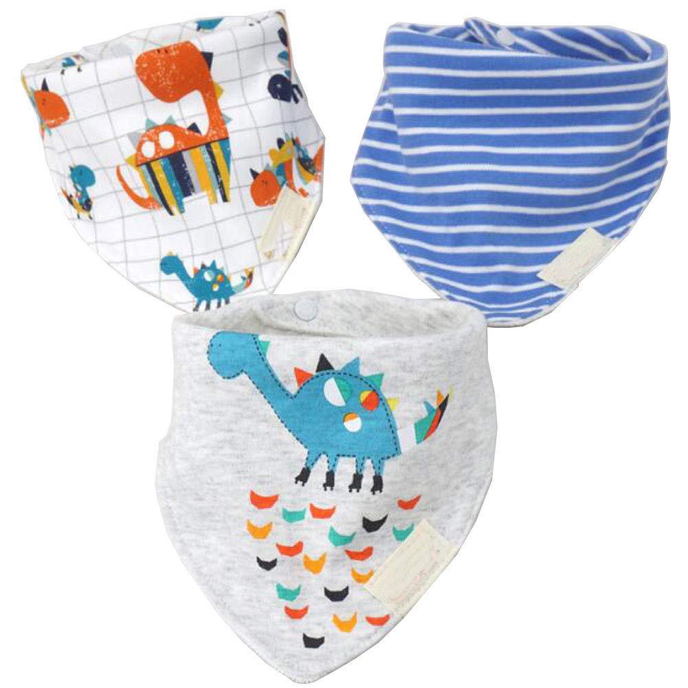 JZLPIN Baby Dribble Bib, Toddler Bandana Bib 3 Packs Super Absorbent Cotton Feeding Bibs 35-Dinosaur