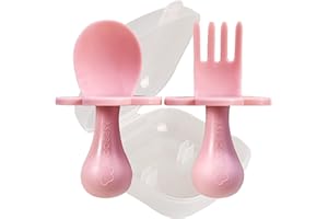 Grabease Baby Feeding Utensils Set - Travel Case for To-Go Toddler Containers - Choke-Guard for Baby Led Weaning Forks - Dishwasher Safe Toddler Spoon - Plastic, Blush, Pack of 1