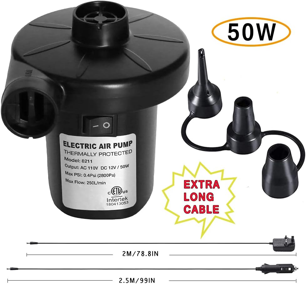 BUYMAX Electric Air Pump for Inflatables 110V AC/12V DC Air Mattress Pump Airbed Boat Pool Raft Inflatable Pool Toys Portable Pump with 3 Nozzles: Sports & Outdoors