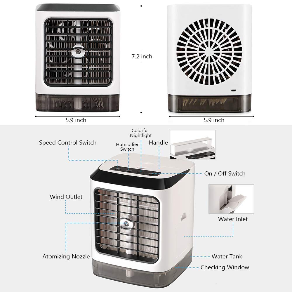 Climatizzatore portatile KKCITE, Mini dispositivo di raffreddamento dell\'aria personale 4 in 1, umidificatore, purificatore e ventola di raffreddamento desktop evaporativo, USB a 7 colori ultra-silenziosi Luce a LED per casa, ufficio