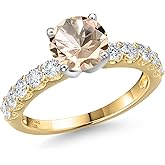 Gem Stone King 14K 2 Tone Gold Peach Morganite and Lab Grown Diamond Engagement Ring For Women | 1.80 Cttw | Round 7MM | Gemstone October Birthstone