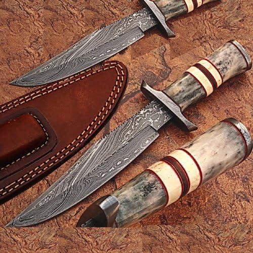 Custom Made Damascus Steel Hunting Knife w/ Giraffe & Camel Bone Handle Damascus Bolster & Leather Spacers (Limited Edition)