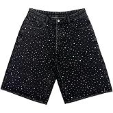 Jilwod Men's Baggy Jean Shorts Black Rhinestone Embroidered Jorts Loose Fit Denim Shorts Crystal Studs Casual Streetwear