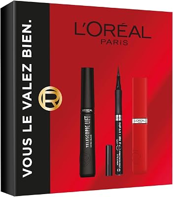 L'Oréal Paris – Cofanetto regalo – Mascara Telescopic Lift Nero, Eyeliner Felt Tip, Rossetto Infaillible Matte Resistance Rosso – Dimensioni reali
