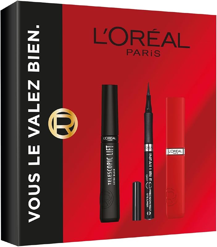 L'Oréal Paris – Geschenkbox – Mascara Telescopic Lift Schwarz, Eyeliner Felt Tip, Lippenstift Infaillible Matte Resistance Rot – tatsächliche Größen