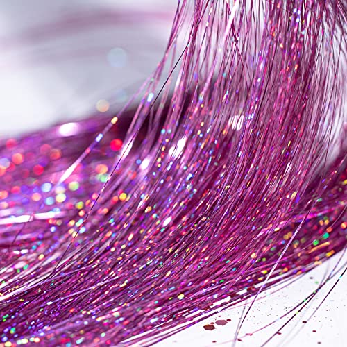 SYGY Hair Tinsel Kit, 10PCS 47 Inches Pink Tinsel Hair Extensions Kit with Tools, 2000 Strands Fairy Hair Tinsel for Women Girls Hair Accessories, Glitter Hair Tinsel Heat Resistant for Halloween Cosplay Christmas New Year Party