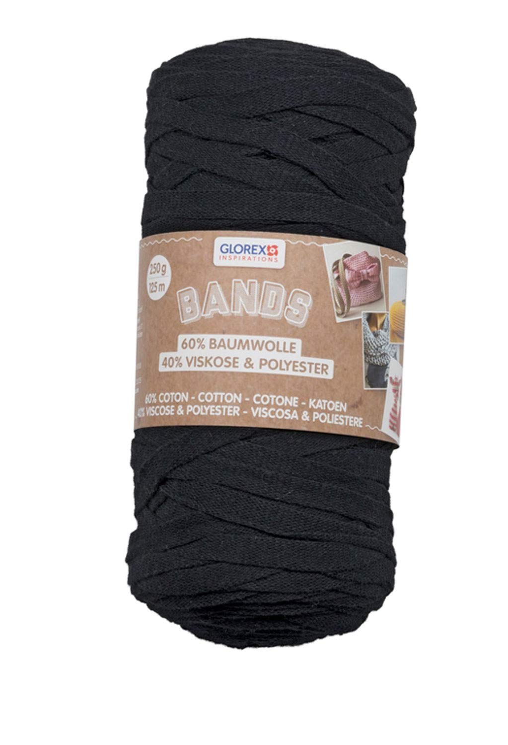 GLOREX Bands Macrame, Super Soft Yarn Made from 60% cotton/40% Viscose, for Crocheting, Knitting, Knotting and Textile Designing, 250 g, Approx. 125 m, Black, Rayon Cotton