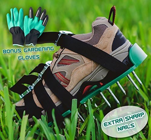 Lawn Aerator Spiked Shoes—Heavy Duty Metal Buckles, 4 Adjustable Straps and Sharper Spikes for Effective Soil Aeration and Greener Yard—One Size Fits All—Includes Storage Bag and Garden Gloves