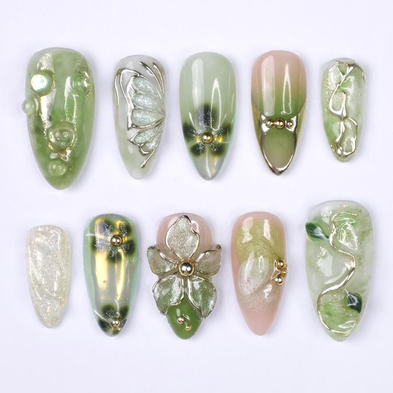 Photo 1 of 30Pcs Green Press on Nails Butterfly with Gold Vine Designs 3D Floral Fake Nails Medium Almond False Nails Flower Stick On Nails Handmade Spring Nail Art for Holiday, Vacation, Gift, Nail Kit