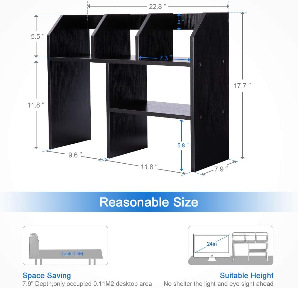 Desktop Bookshelf Wood Desk Organizer Shelf Bookcase with 6 Compartments Storage Shelves for Tabletop Books Holder Stand A4 A5 Paper File Sorter Spice Display Rack in Home Office, Black : Office Products