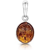 Amberta 925 Sterling Silver with Genuine Baltic Amber - Classic Oval Pendant for Women - Various Stone Colors