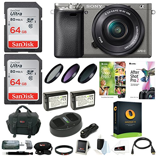 Sony-Alpha-a6000-Camera-w-16-50mm-Lens-Two-64GB-SD-Card-Bundle-Graphite