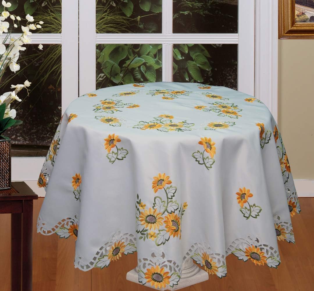Creative Linens Sunflower Tablecloth Embroidered Cutwork Table Cloth 88" Round with