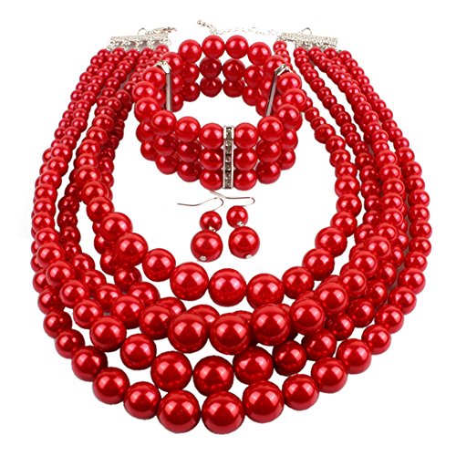 KOSMOS-LI Multi Layer Pearl Strand Necklace Bracelet And Earring Imitate Red Pearl Jewelry Set