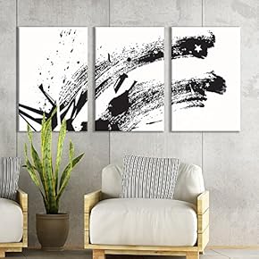 3 Panel Canvas Wall Art - Black Ink with Stars Abstract Splattered Brush Stroke - Giclee Print Gallery Wrap Modern Home Art Ready to Hang - 16"x24" x 3 Panels