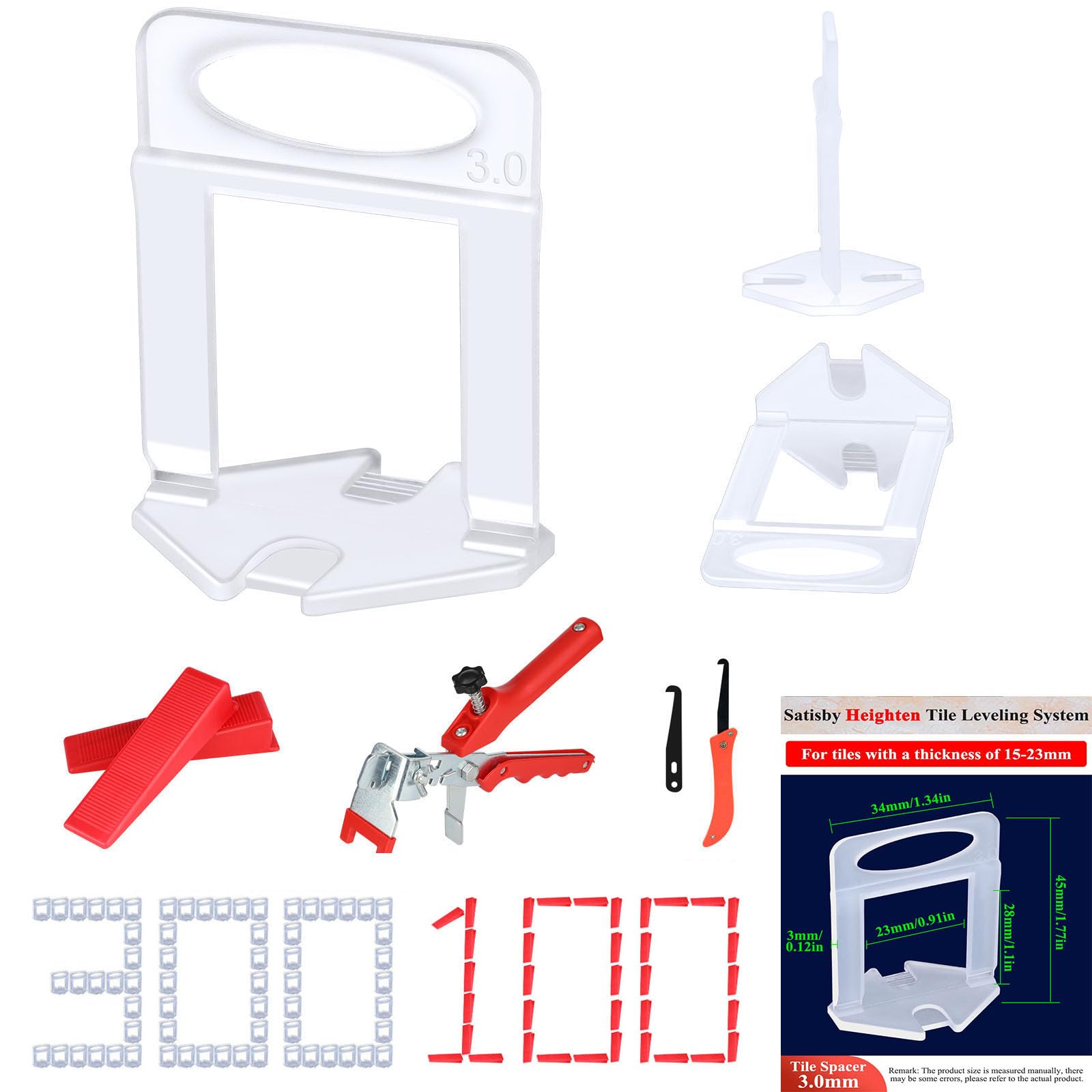 Satisby Tile Leveling System for 20mm Thickness,300PCS 3mm Tile Leveling Spacers,100PCS Resuable Wedges,1PCS Plier and 1Pcs Grout Remover (20mm Tile Leveling)