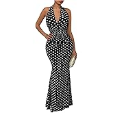 GORGLITTER Women's Polka Dots Halter Dress Deep V Neck Backless Sleeveless Bodycon Maxi Party Wedding Guest Dresses