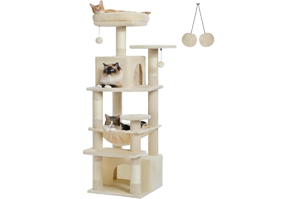 PAWZ Road Cat Tree, 53.5 Inches Tall Cat Tower with Spacious Hammocks, Condos and Scratching Posts, Cat House with Dual Padde