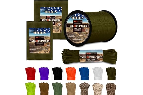 HERCULES Type III Paracord 550 Paracord Rope Parachute Cord, 50' Army Green for Camping Cord, Survival Rope