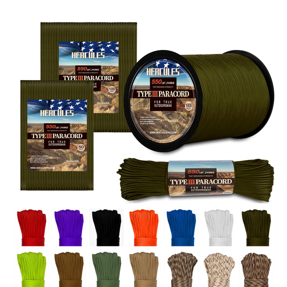 HERCULES 550 Paracord 4mm Type III 7 Strands Parachute Cord, 100' Army Green Utility Rope for Crafting, DIY, Camping, Survival, Outdoor