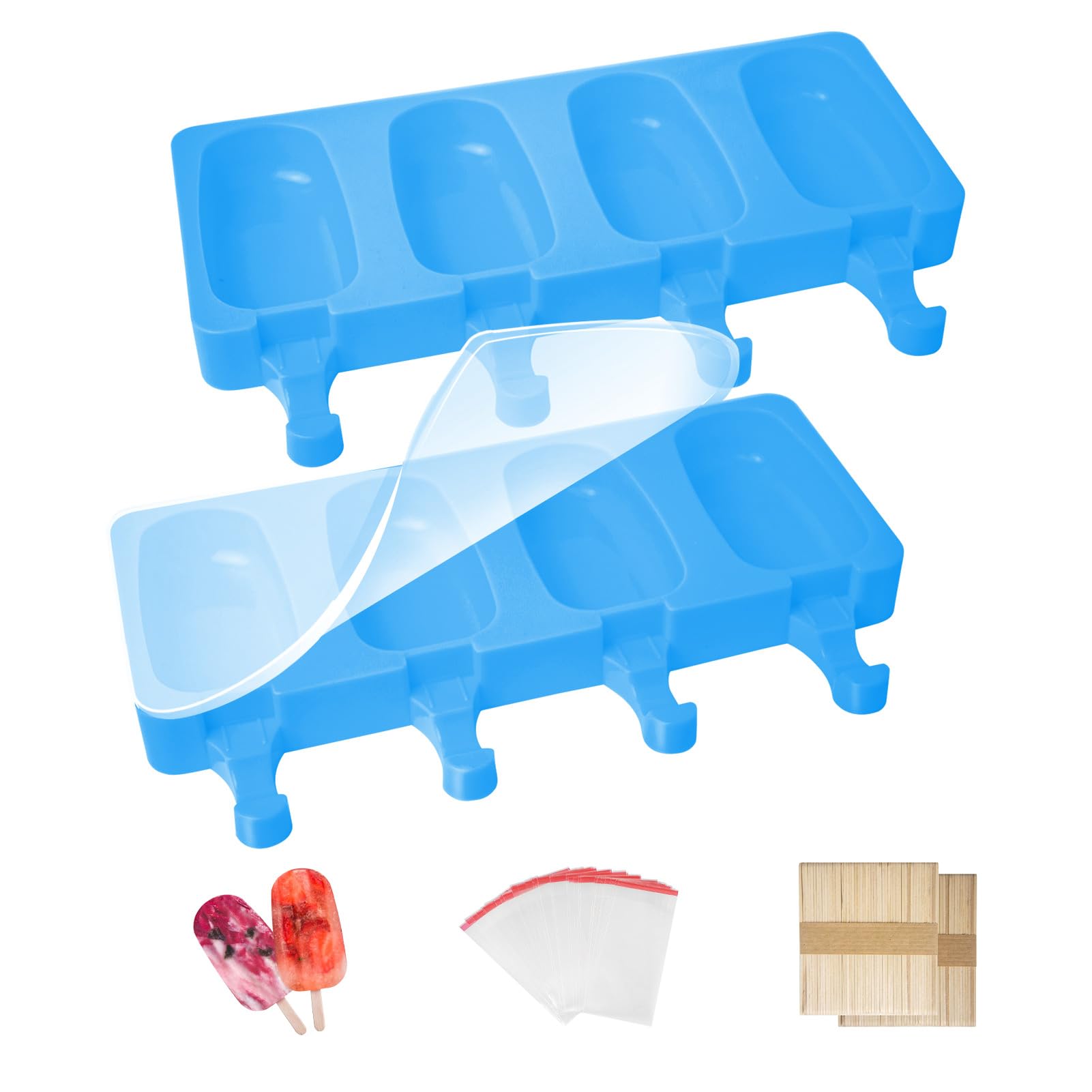2Pcs Ice Lolly Moulds with Sticks, Non-Stick Cakesicle Moulds, Silicone Ice Popsicle Mould with Lid, 100 Sticks and 50 Popsicle Bags for DIY Ice Cream, BPA-Free