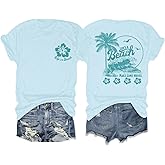KEEVICI Hawaiian Beach T Shirts for Women Hibiscus Flower Palm Tree Shirt Tropical Graphic Tees Summer Beachy Vacation Tops