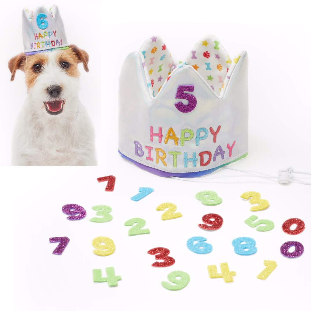 Pet London Happy Birthday Crown Hat for Dogs & Cats-Add Any Age-Glitter Numbers Included (20pcs) - Celebrate Pets Birthday - Reusable Every Year & Reversible- embroidered with HAPPY BIRTHDAY (Large)