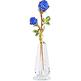YWHL Handmade Crystal Blue Rose Flower Figurine with Vase, Bouquet Glass Flowers Ornament Rose Gifts for Girlfriend Sister Women, Crystal Flower Home Decor for Anniversary Mother's Day Wedding