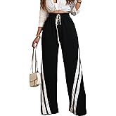 Voghtic Wide Leg Sweatpants Women Striped Drawstring Hight Waisted Loose Casual Pants Lounge Baggy Jogger Track Trousers