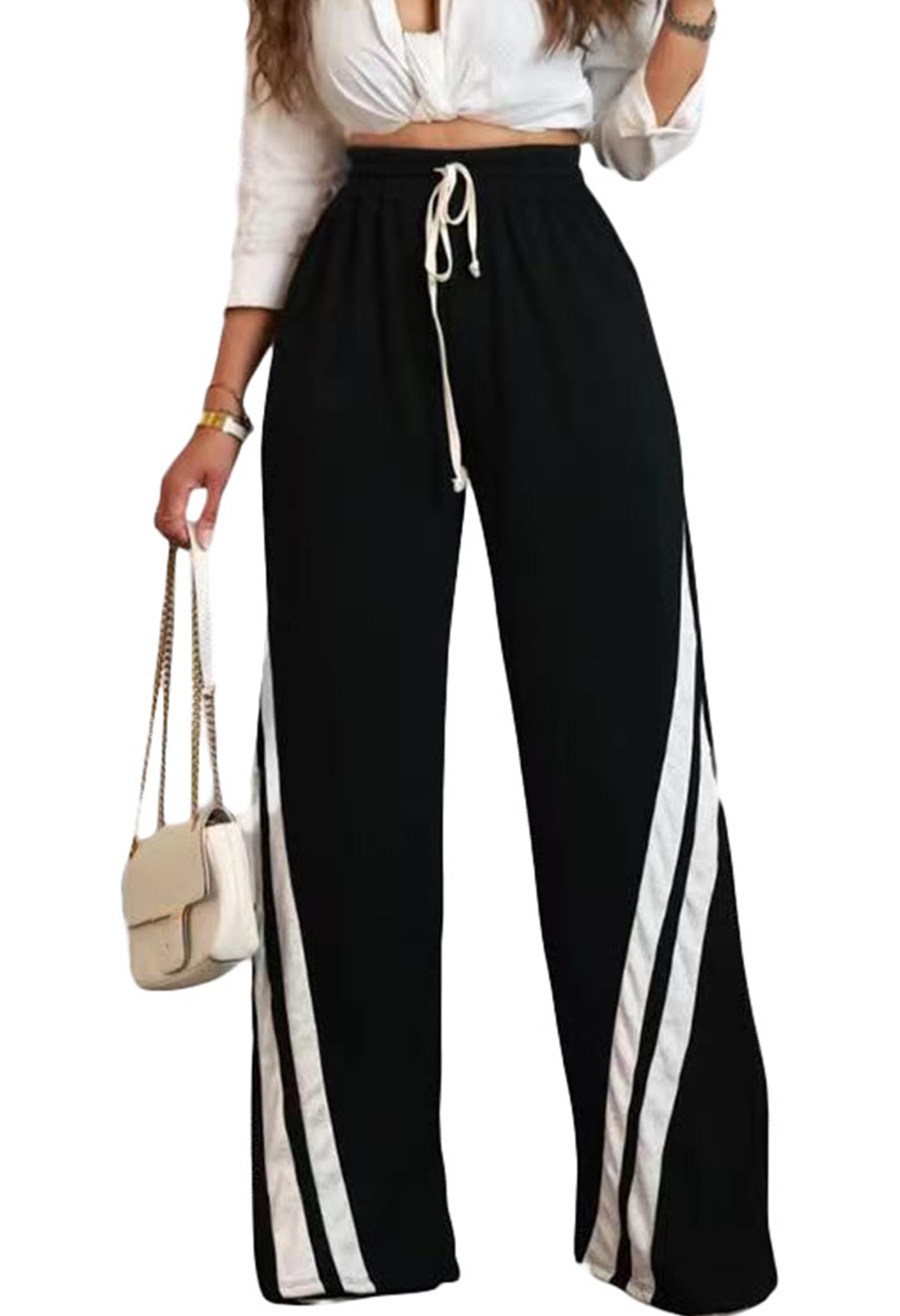 Photo 1 of Voghtic Wide Leg Sweatpants Women Striped Drawstring Hight Waisted Loose Casual Pants Lounge Baggy Jogger Track Trousers Black