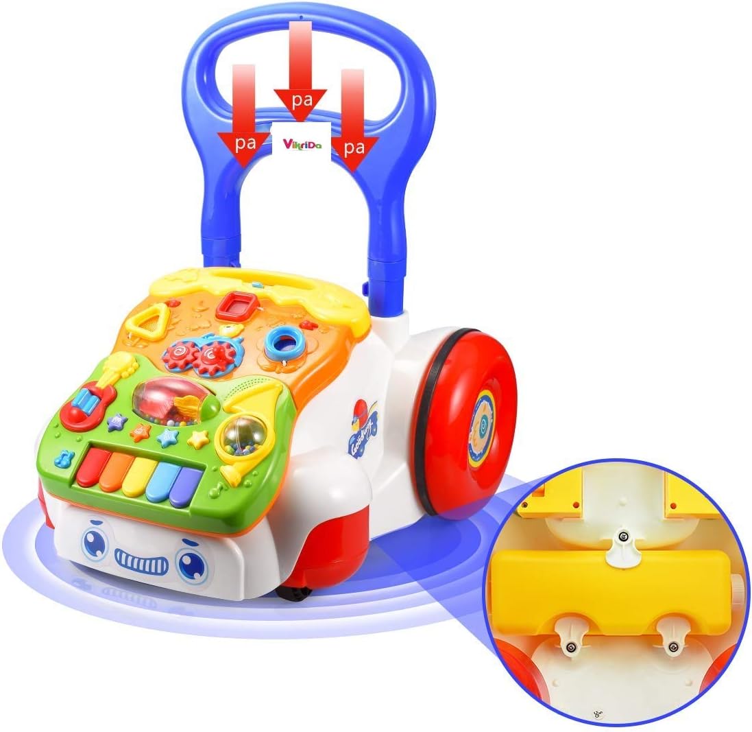 VikriDA Walker Push and Pull Activity Music and Light Adjustable-Height/Handle Early Development Toys (Blue)