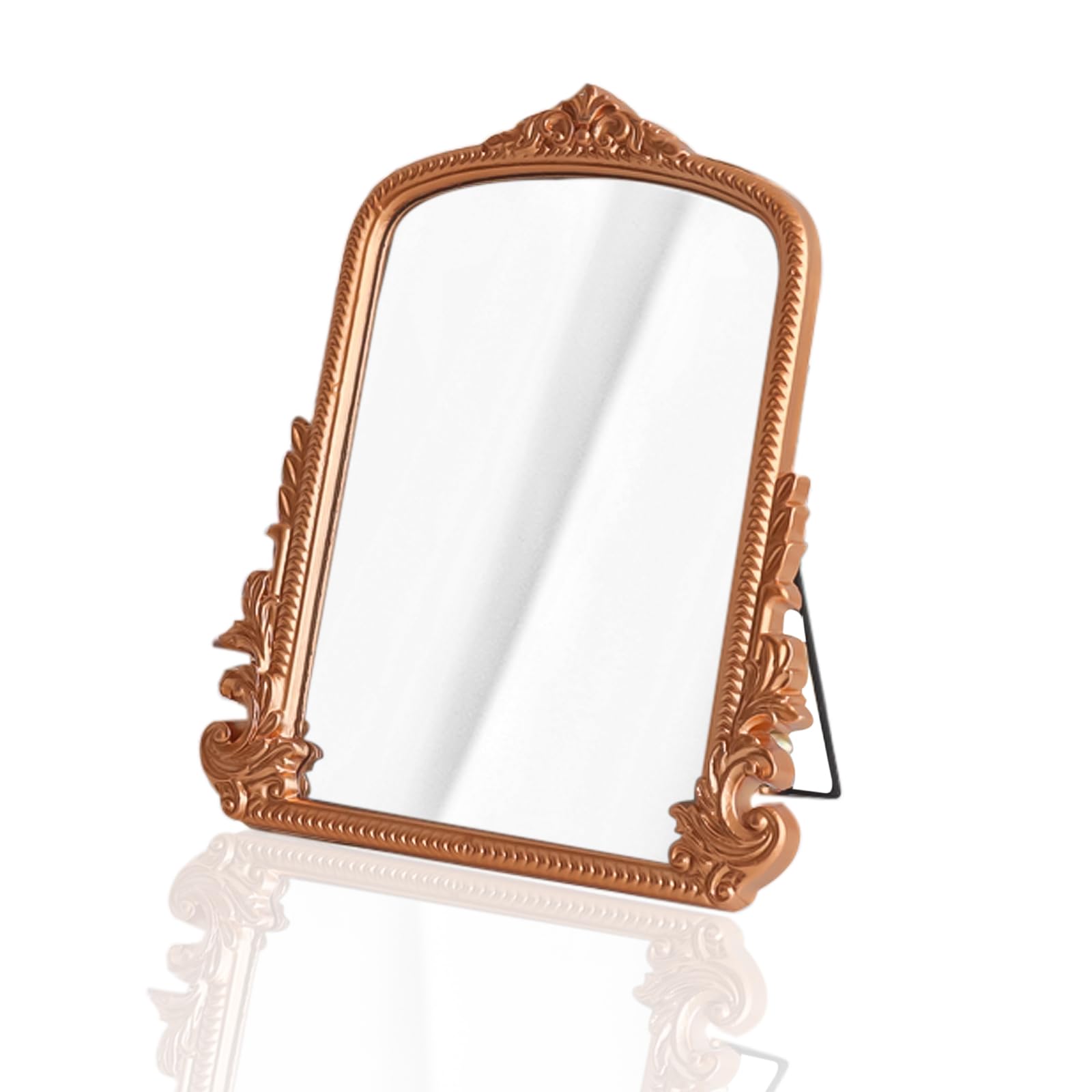 Photo 1 of HSDDHOME Rose Gold Makeup Mirror, Small Standing Vanity Desk Mirror Decorative Ornate Arched Desk Mirror with Carved Wood Frame, for Bedrooms,Living Rooms Table Top and Salon 11.8" x 9.6"