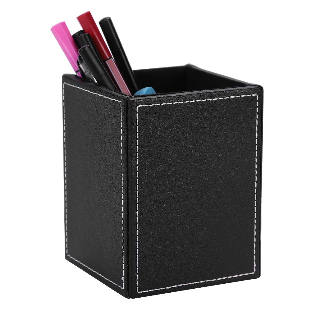 LONTG Leather Pen Pot Pen Cup Square Pencil Holder Stand Display Desktop Stationery Organiser Makeup Brush Holder Remote Control Holder with Anti-Slip Mat for Business Office Supplies School Home
