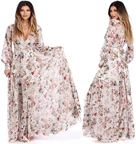 Womens Boho Maxi Dresses Chiffon Split Floral Print Long Sleeve Beach Dresses with Adjustable Wrap Deep V Neck (XXXL, Beige Rose)
