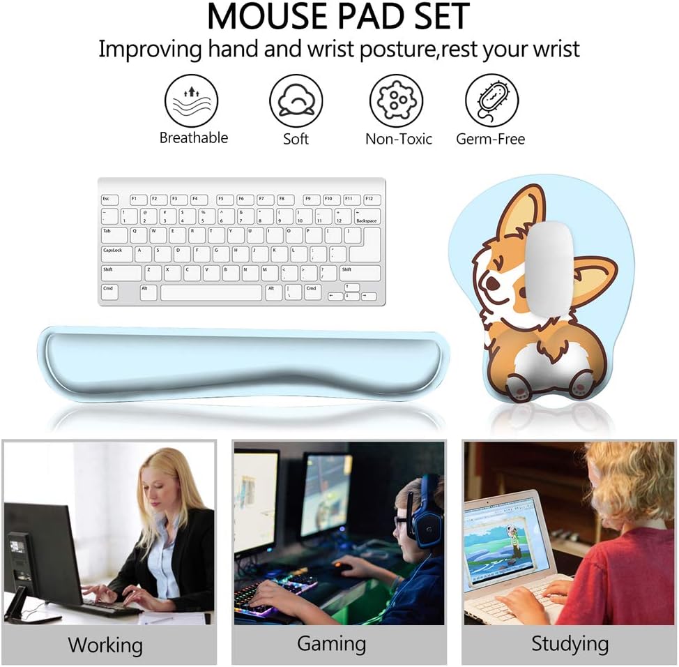 HAOCOO Keyboard Pad Wrist Rest and Gel Mouse Pad with Wrist Support, Ergonomic Corgi Mouse Pads with Non-Slip Backing Memory Foam Filled, Easy Typing &Pain Relief for Home Office Computer Laptop(Blue) : Office Products