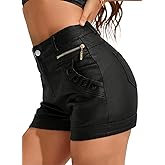 SOFIA'S CHOICE Women's Faux Leather Shorts High Waisted Roll Hem Pleated Mini Short with Pockets