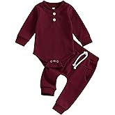 Kuriozud Newborn Baby Boy Clothes Button Long Sleeve Romper Bodysuit Pants Set Infant Soft Waffle Fall Winter Outfit