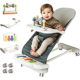 Cuddo Baby Bouncer 4-in-1 |Pianos, Feeding Tray, Play Bar, Wheels| Blue | Grow with Baby, Breathable Mesh, 3-Level Recline Fo